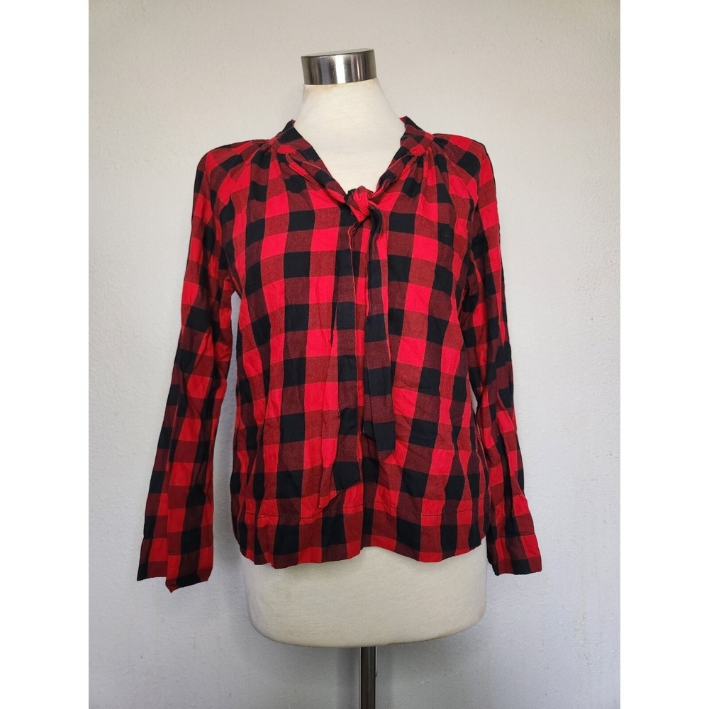 Madewell Womens Small Red & Black Gingham Tie Front Long Sleeve Blouse